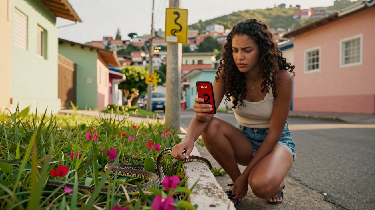 Mulher agachada numa rua observa uma cobra entre flores, segurando um telemóvel com a imagem de uma cobra.