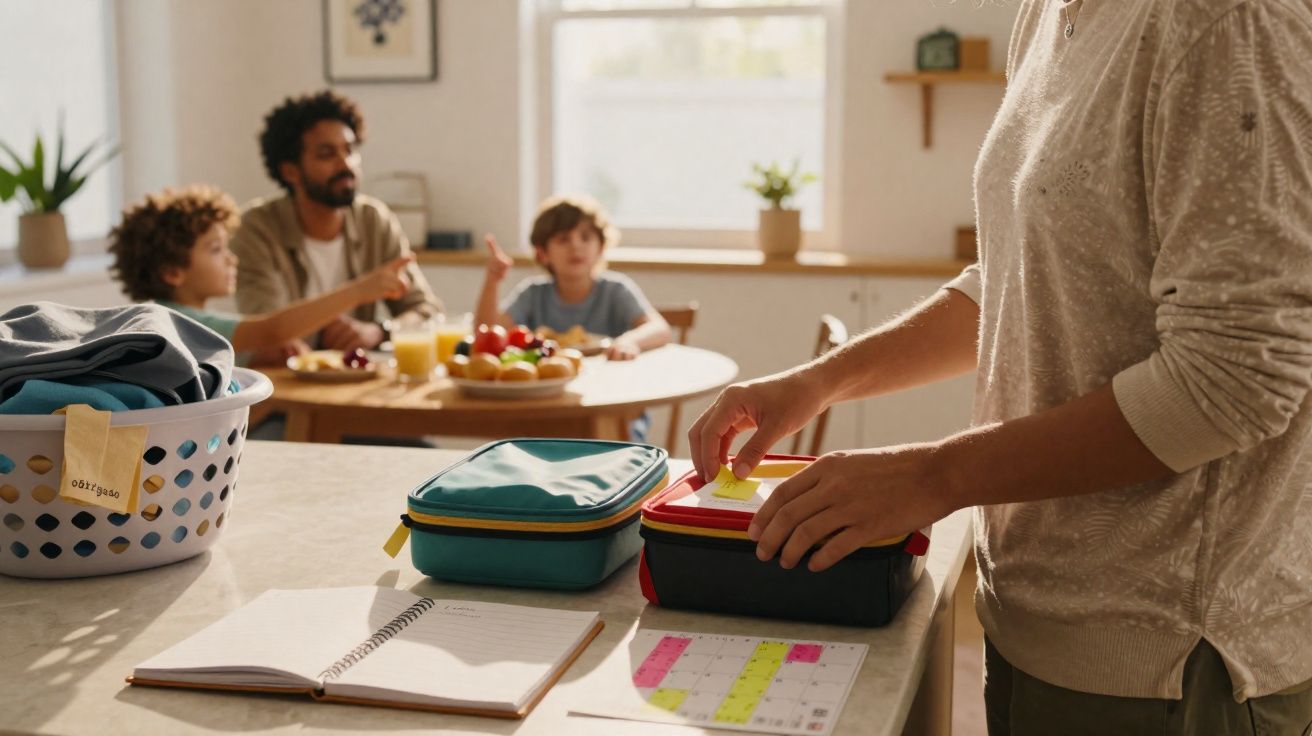 Pessoa a preparar lancheira na cozinha, com duas crianças e um adulto a comerem na mesa ao fundo.