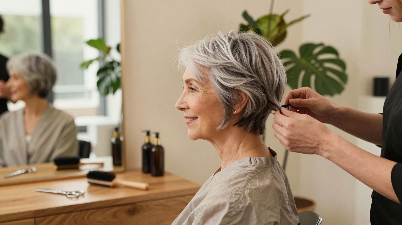 Mulher idosa sorridente a ser penteada num salão de beleza com espelho e planta ao fundo.