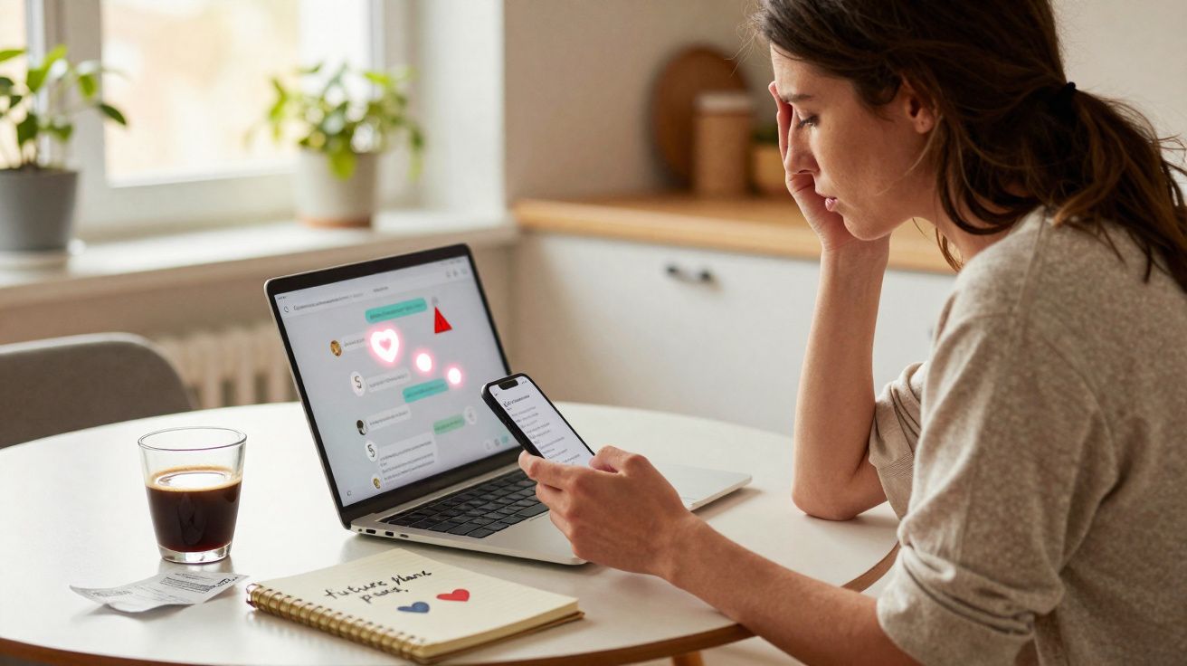 Mulher preocupada a ler mensagens de telemóvel e computador à mesa, com café e bloco de notas.