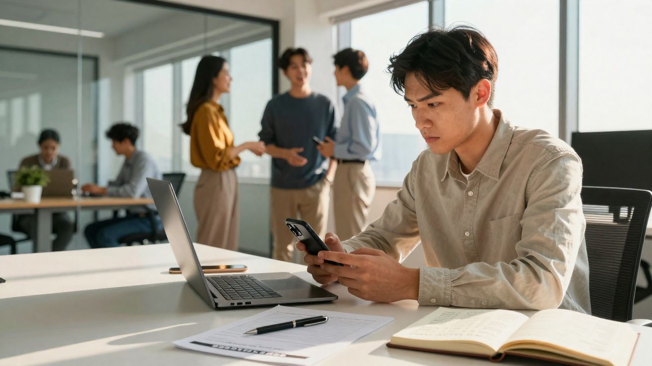 Homem concentrado a usar telemóvel junto a portátil, com colegas a conversar ao fundo em escritório moderno.