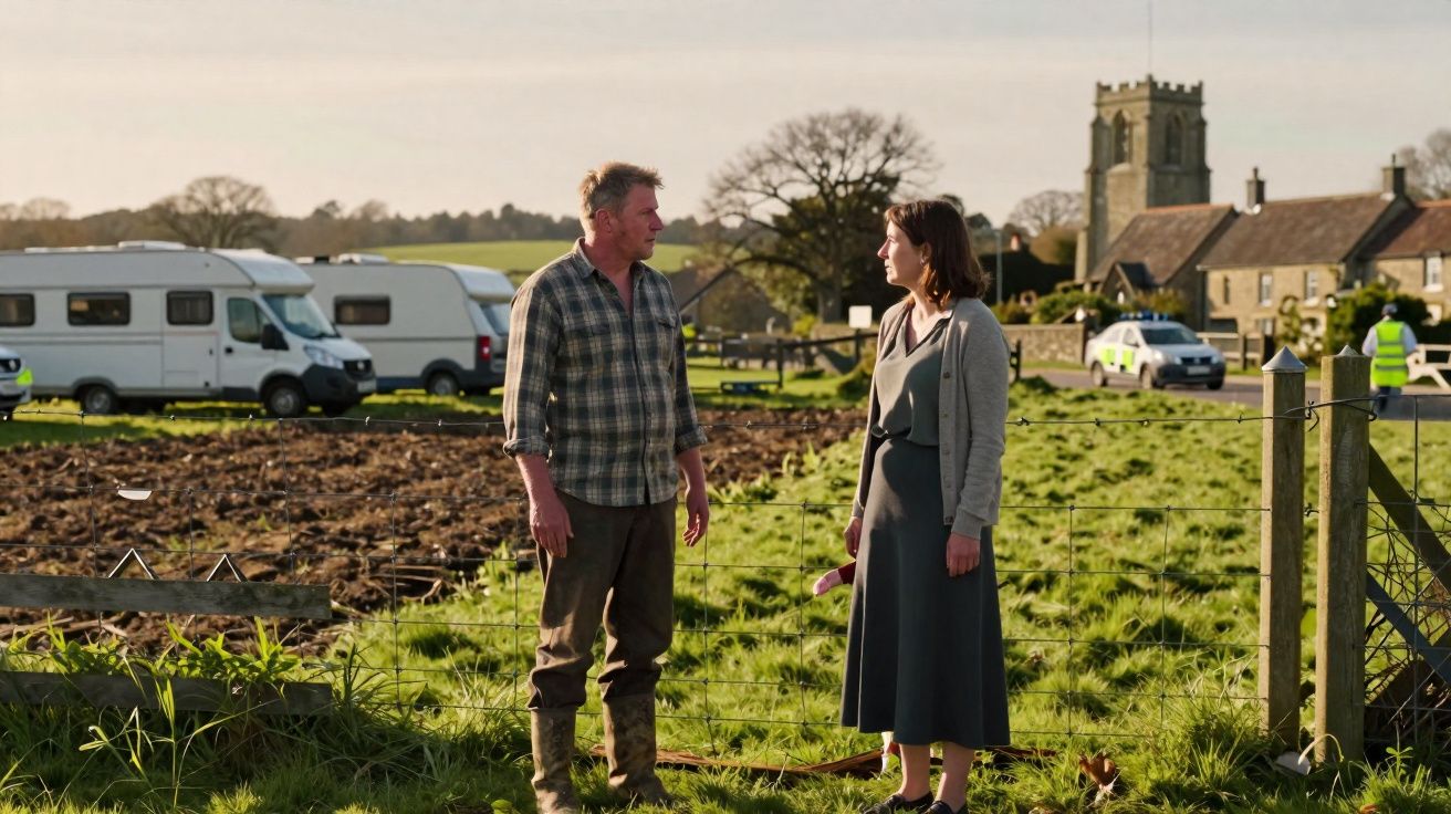 Homem e mulher conversam junto a vedação em campo rural com caravanismo e igreja ao fundo.