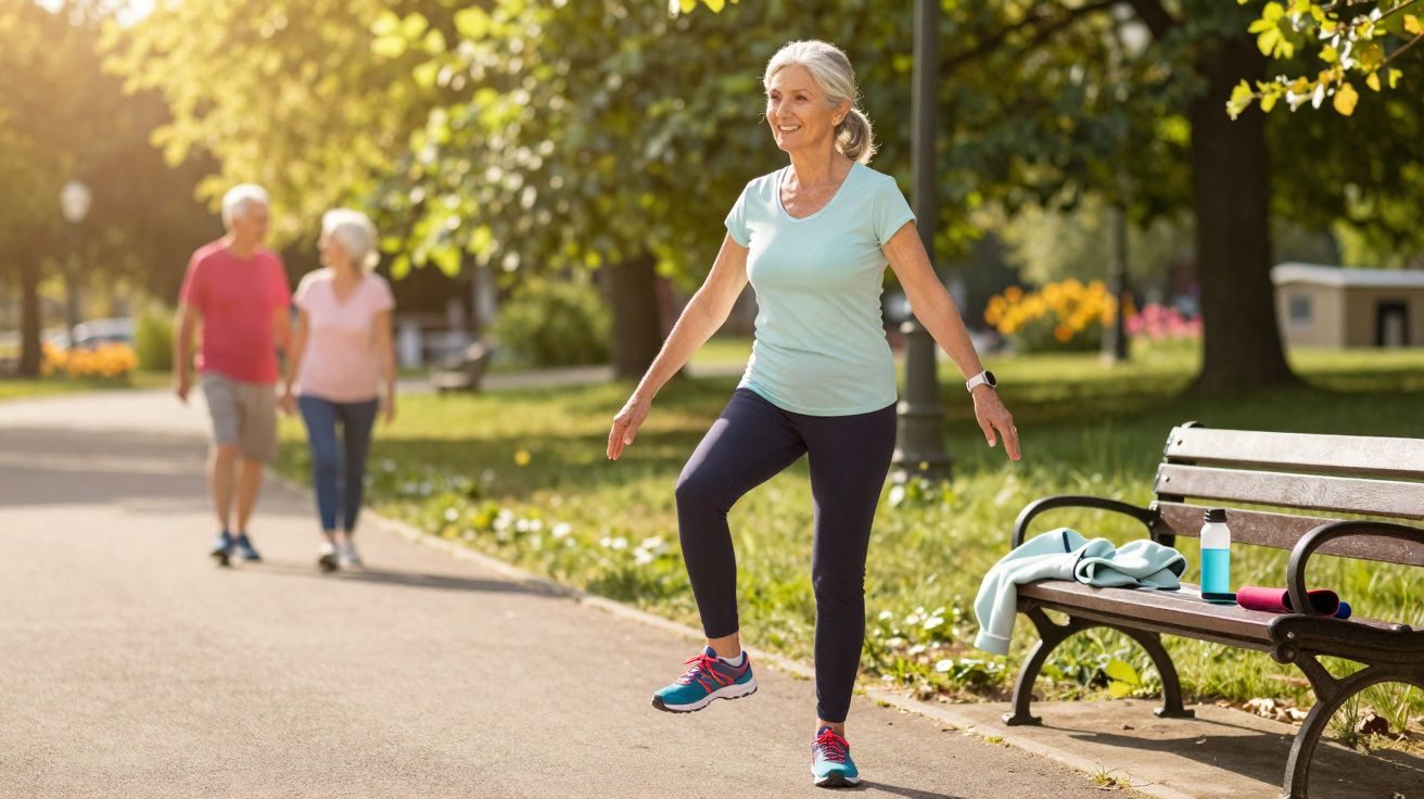 Mulher sénior em roupa desportiva a fazer exercícios num parque, com casal a passear ao fundo.