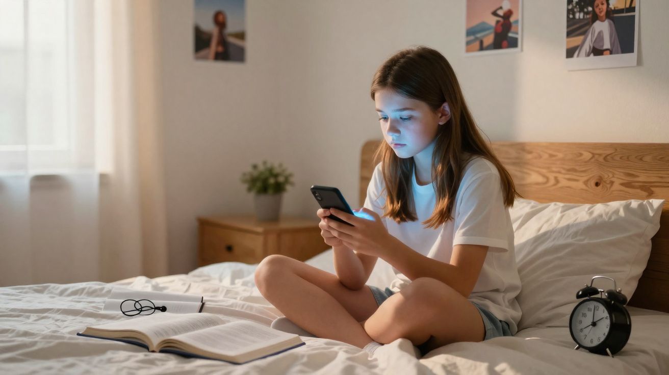 Menina sentada na cama a usar telemóvel, com livro aberto e relógio despertador ao lado.