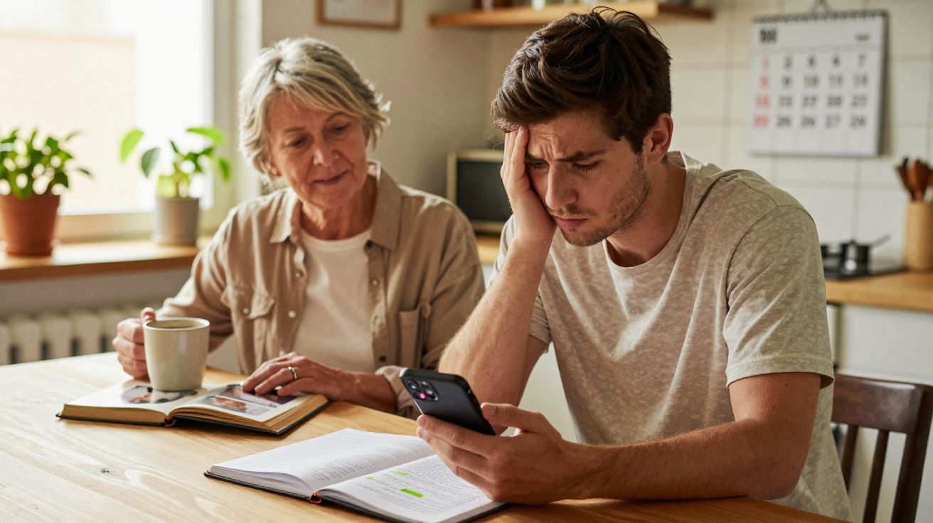 Jovem frustrado a olhar para o telemóvel, mulher mais velha sentada ao lado com uma chávena na mão.