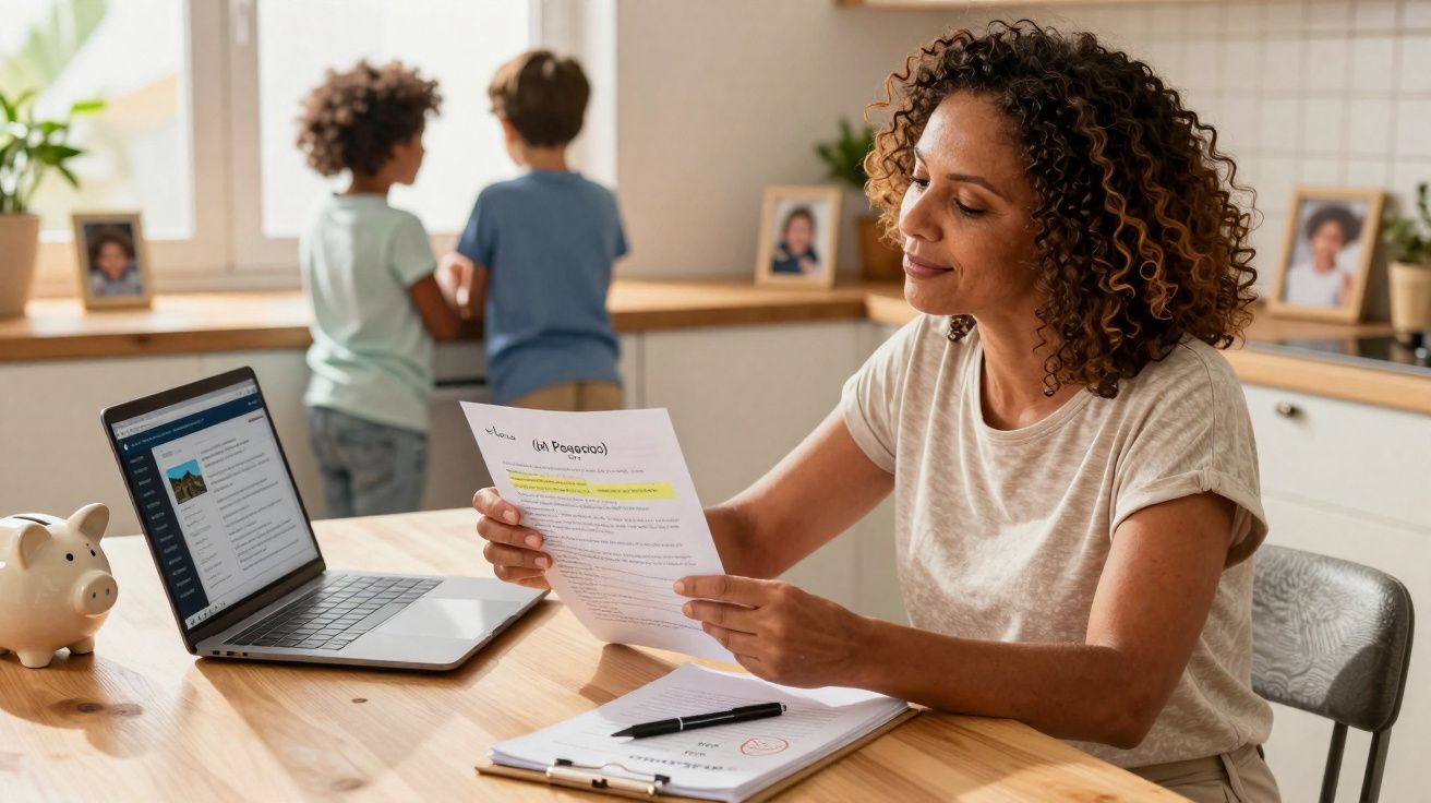 Mulher sentada a trabalhar com computador e papel, crianças ao fundo junto à janela numa cozinha.