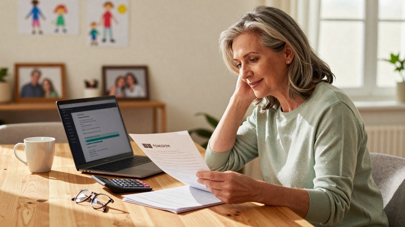 Mulher madura sentada à mesa a analisar documentos com computador portátil, calculadora e óculos à sua frente.