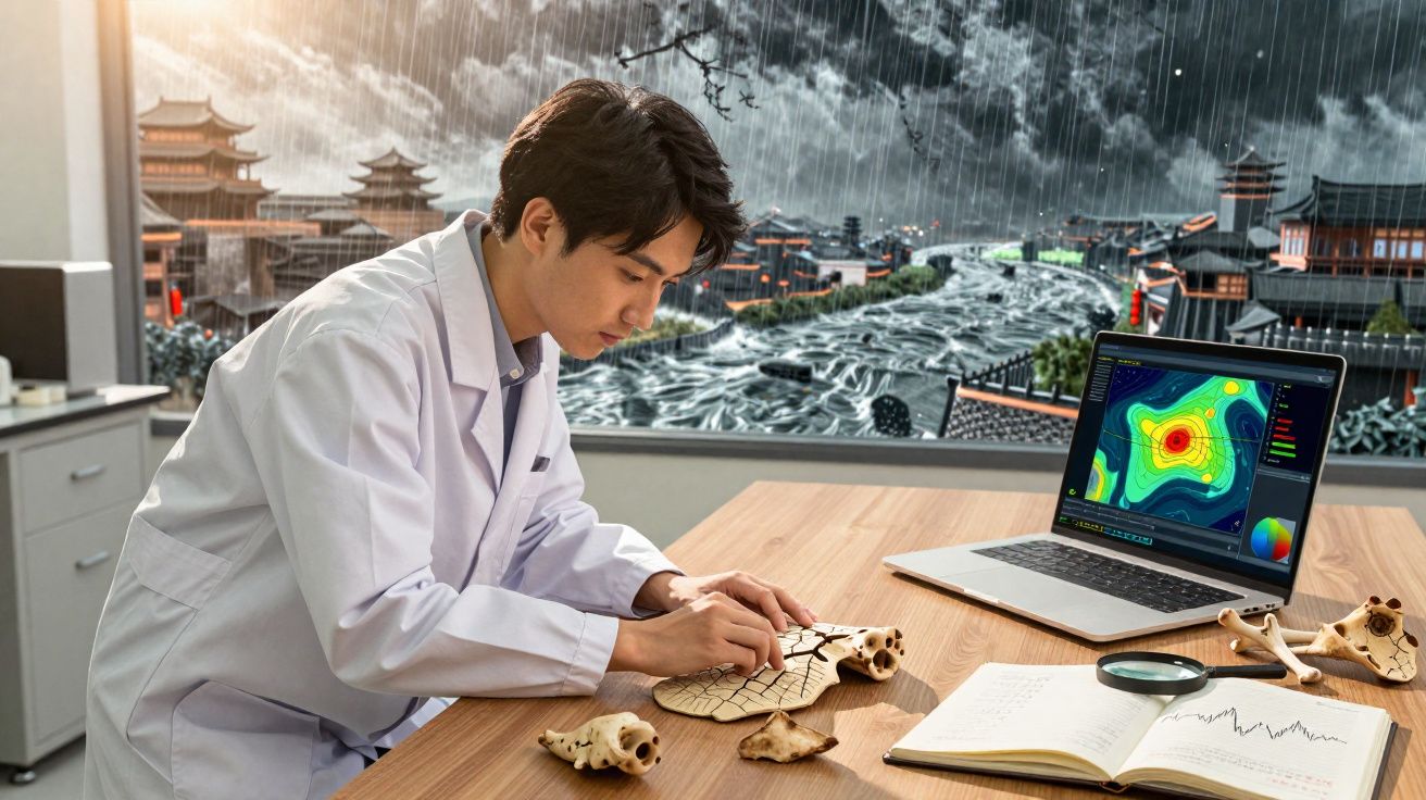 Cientista asiático em laboratório analisa fragmentos de ossos com laptop e caderno sobre mesa iluminada.