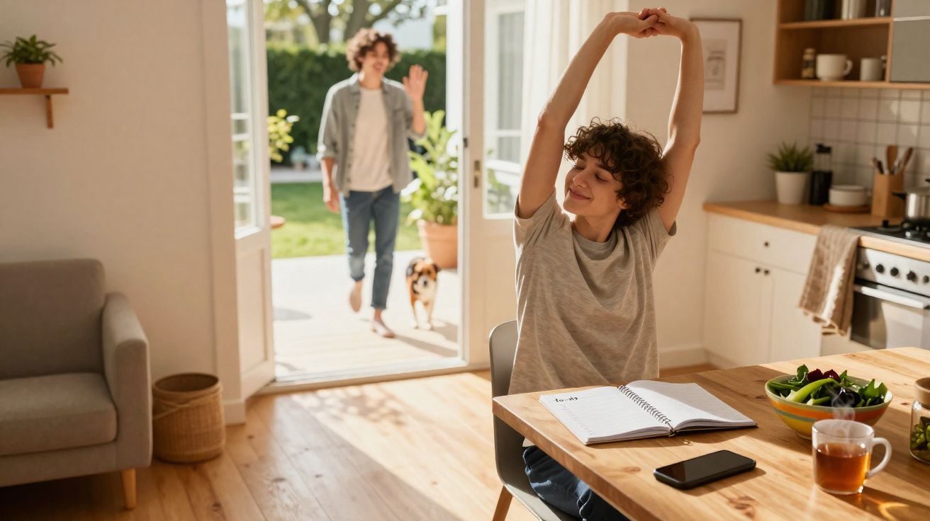 Pessoa a alongar-se na cozinha enquanto alguém entra em casa com um cão ao fundo.