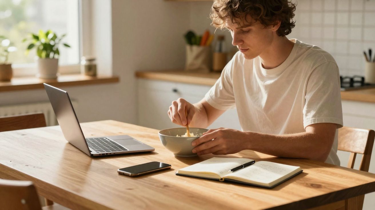 Homem jovem a comer e estudar numa cozinha com computador portátil e telemóvel na mesa.
