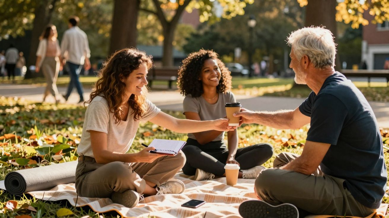 Três pessoas sentadas num piquenique no parque a conversar e a beber café ao ar livre.