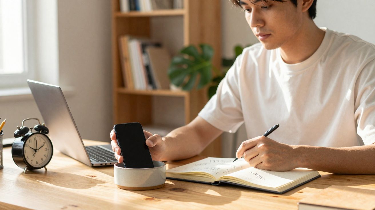 Homem a escrever num caderno com computador portátil e telemóvel numa base sobre a secretária.