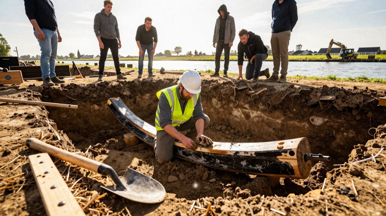 Homem de capacete e colete a analisar um objeto arqueológico enquanto outras pessoas observam junto a um rio.