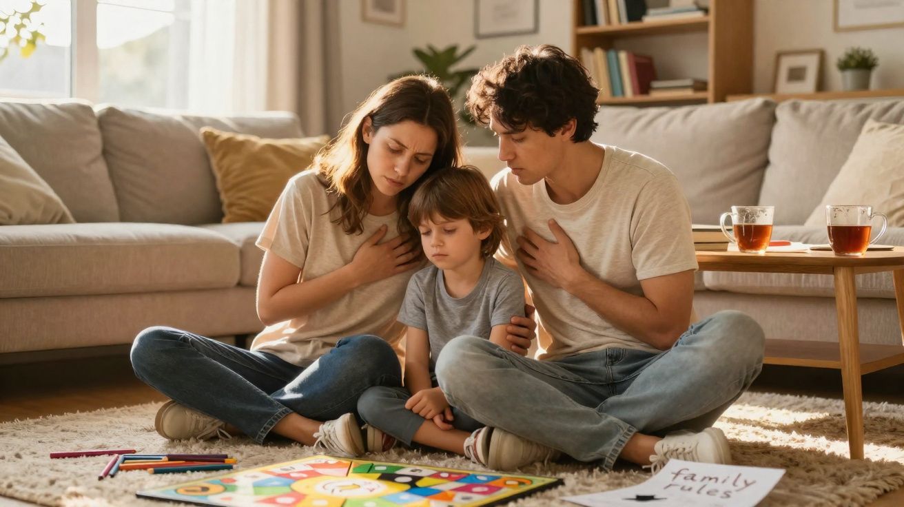 Família sentada no chão a fazer uma atividade em conjunto, com expressão séria e mãos no peito.