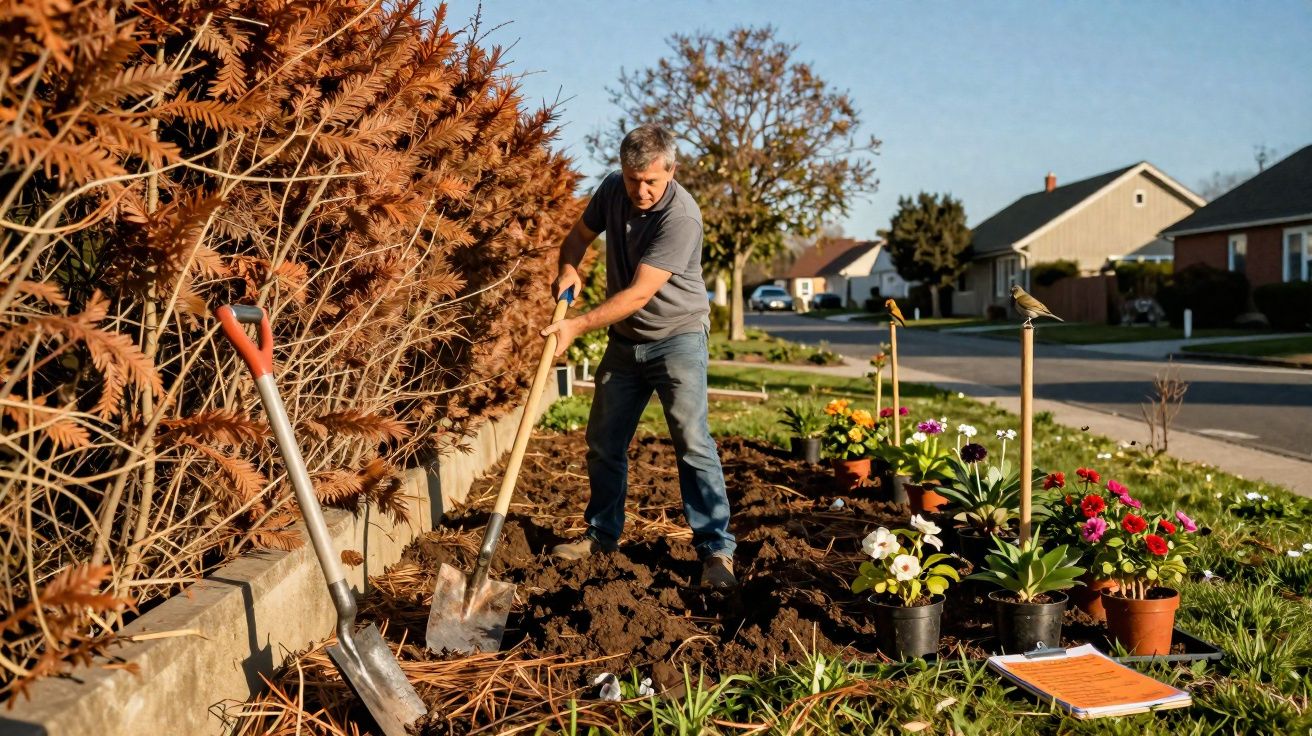 Homem a cavar terra num jardim junto a casa, rodeado de plantas e flores em vasos.