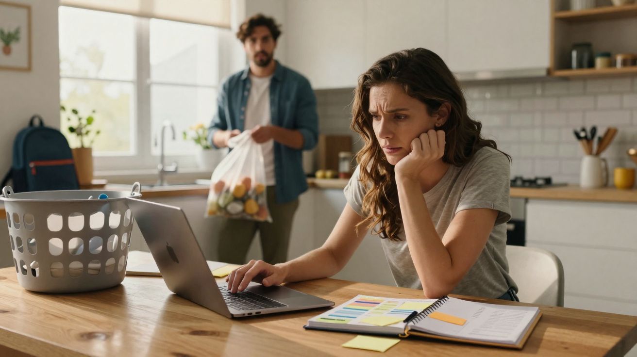 Mulher preocupada a trabalhar num portátil, homem ao fundo na cozinha com saco de legumes.