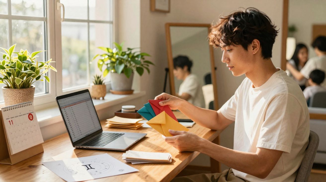 Homem jovem sentado à secretária a organizar envelopes coloridos com computador e calendário perto da janela.