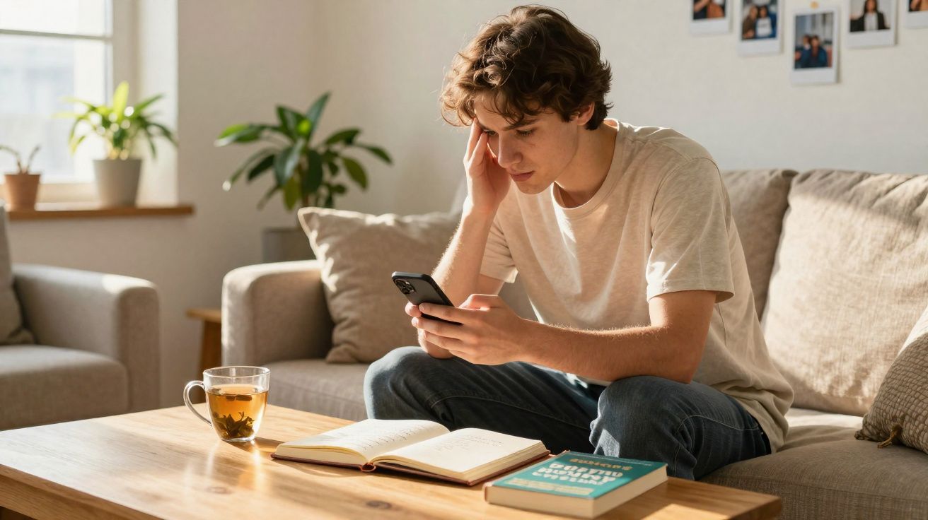 Jovem preocupado sentado no sofá a olhar para o telemóvel com livros e chá numa mesa de madeira à frente.