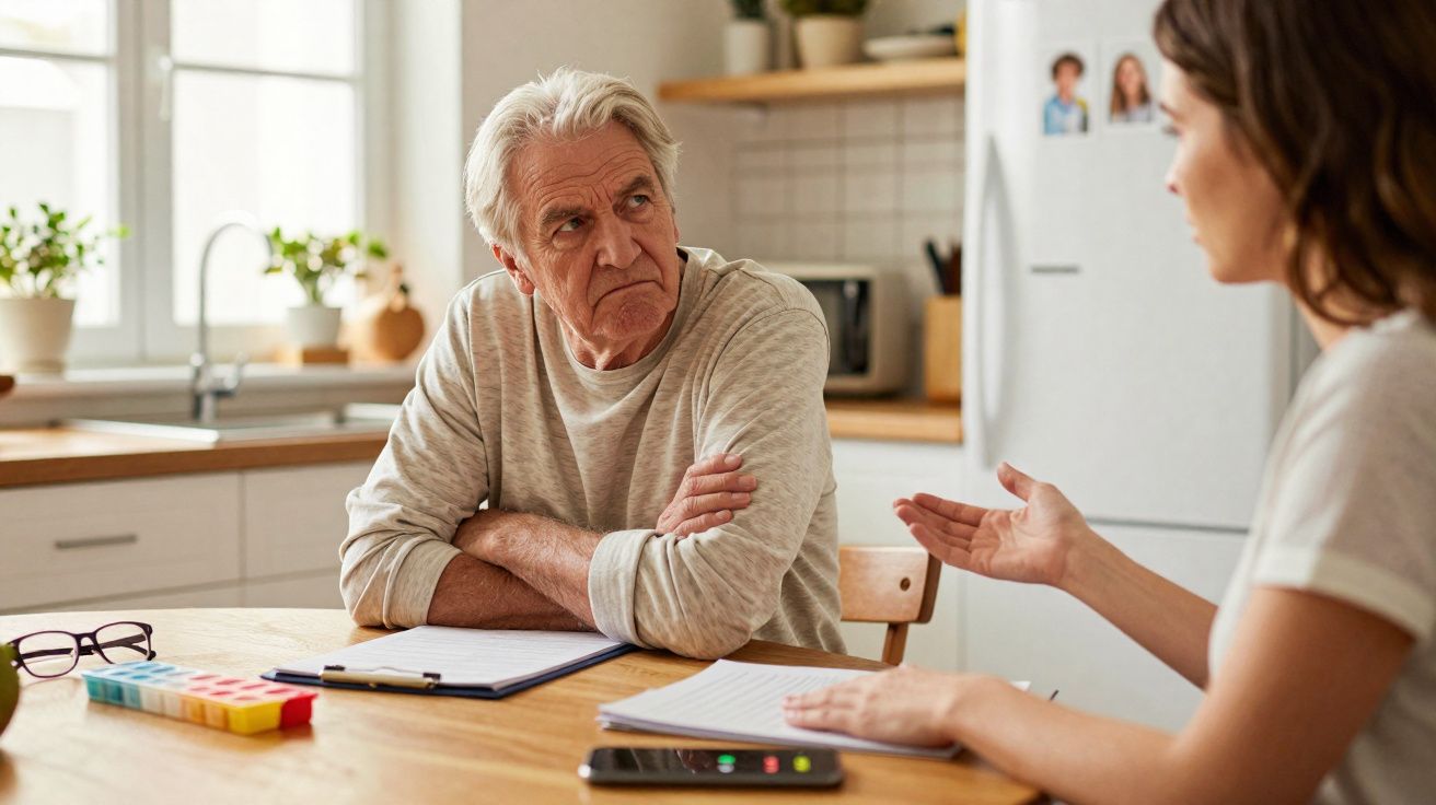 Homem idoso com expressão séria a ouvir mulher jovem a falar numa cozinha iluminada.