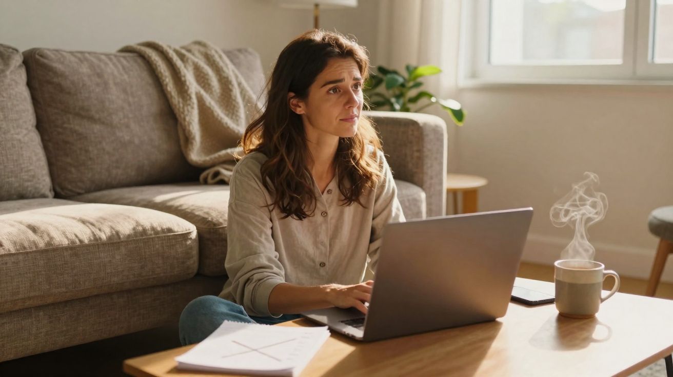 Mulher sentada no chão a usar portátil, com caneca de bebida quente e sofá ao fundo numa sala iluminada.