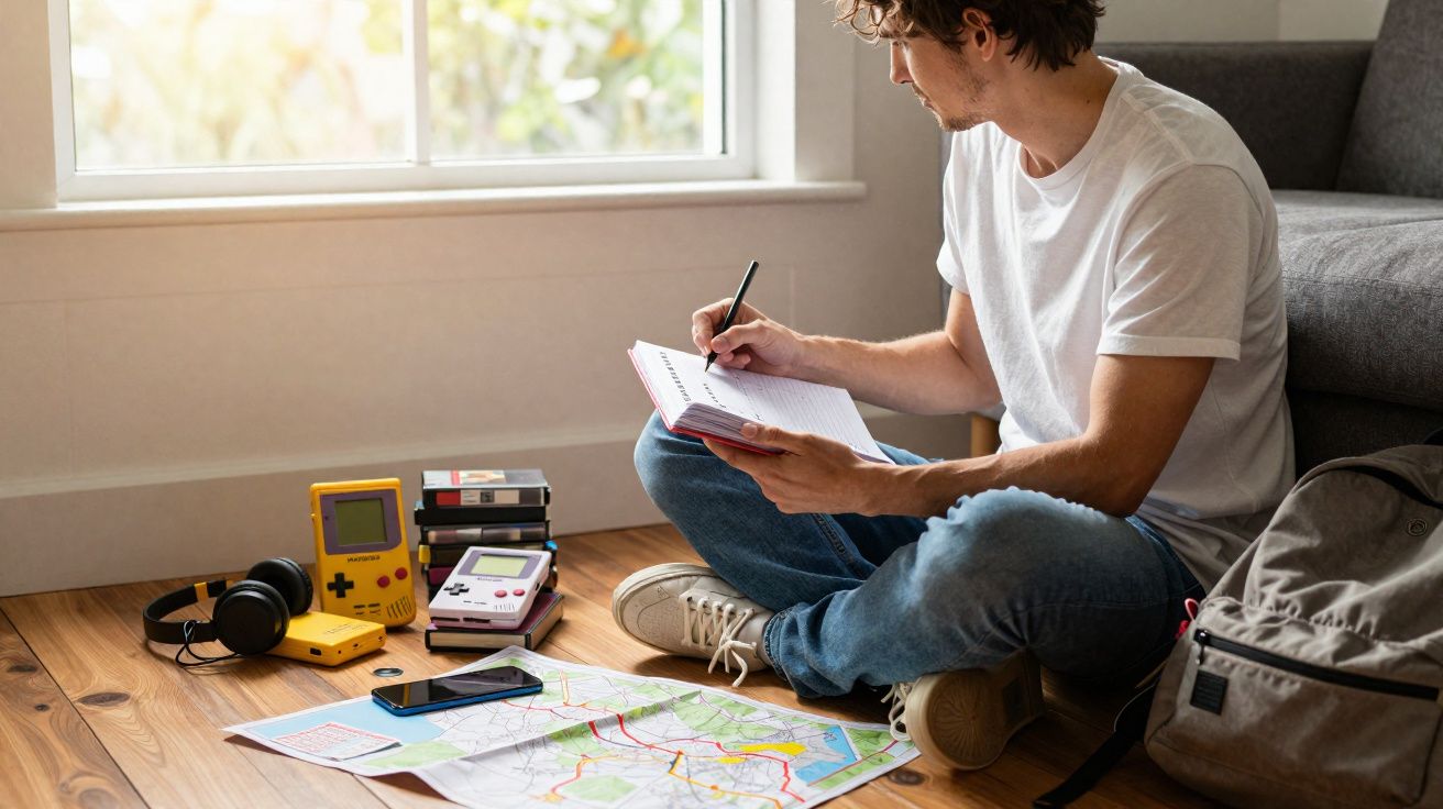 Homem sentado no chão escreve num caderno perto de um mapa, telemóvel, mochilas e consolas portáteis retrô.