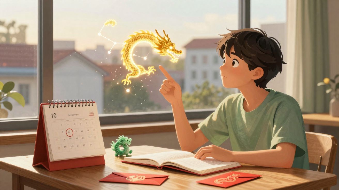 Jovem sentado à mesa a estudar, interage com dragão dourado flutuante numa sala iluminada pela janela.