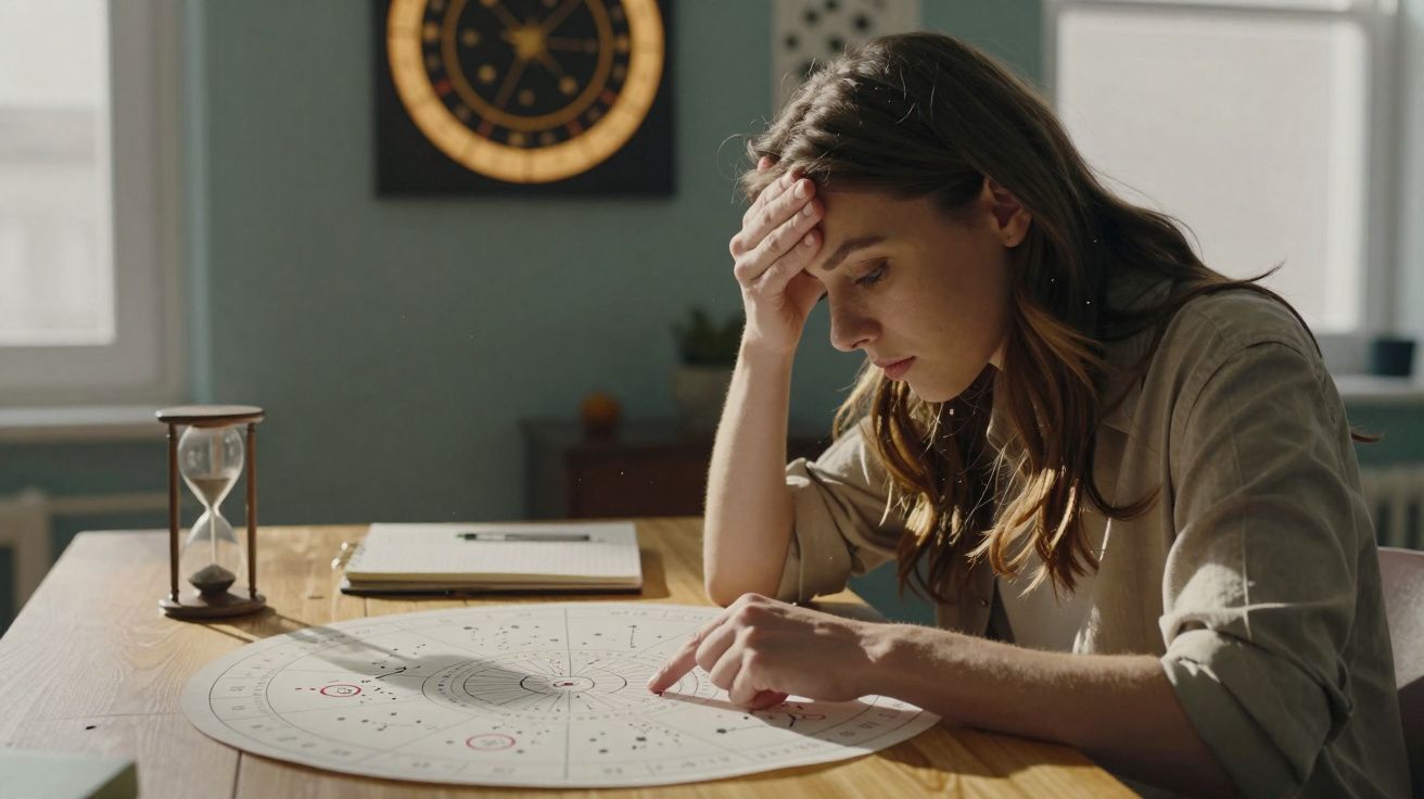 Mulher concentrada a estudar mapa astral numa mesa com ampulheta e relógio de parede ao fundo.