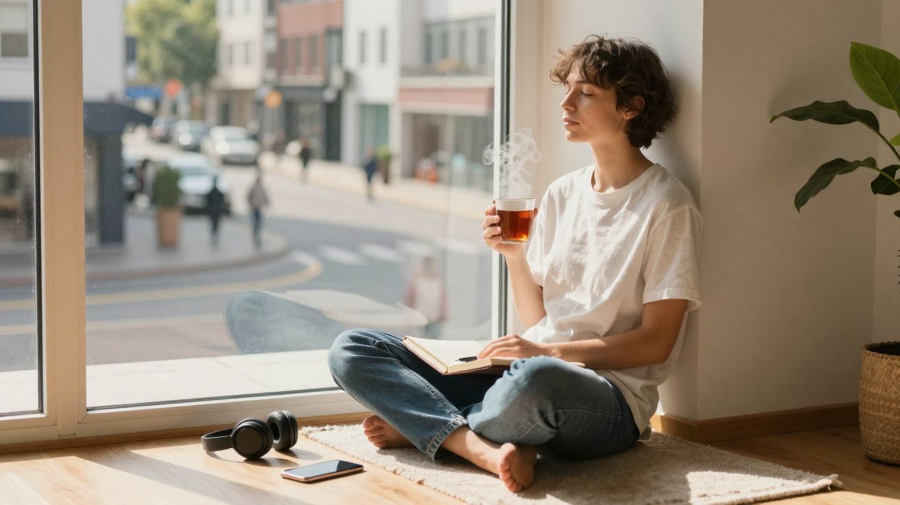 Mulher sentada no chão junto a janela, a ler e beber chá quente num dia ensolarado.