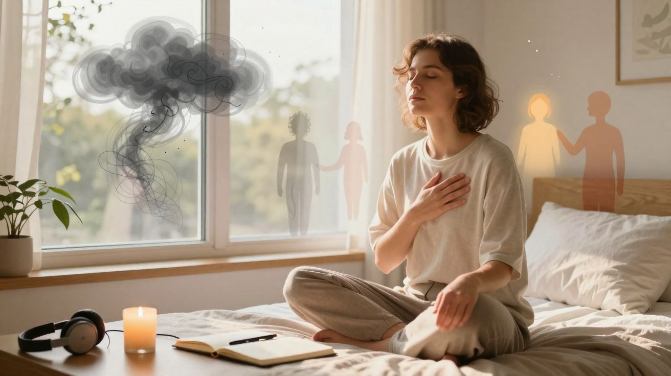 Pessoa sentada em meditação no quarto, com nuvem negra e figuras transparentes na janela atrás.
