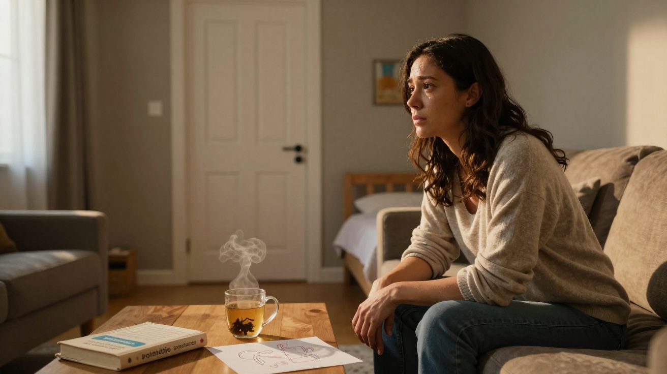 Mulher sentada no sofá olhando pensativa, com chá fumegante e livros numa mesa de sala iluminada.