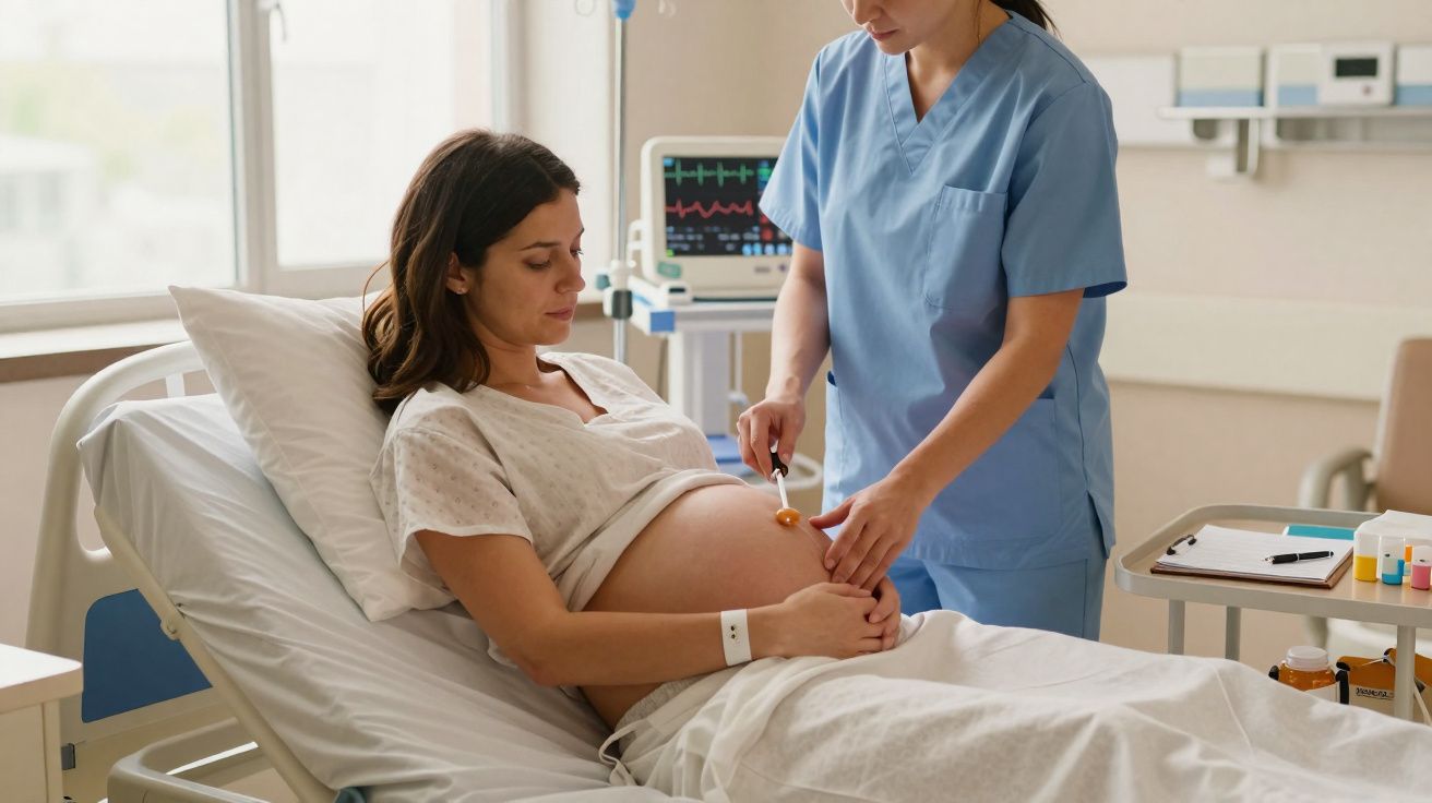 Mulher grávida deitada em cama hospitalar a receber injeção no abdómen por enfermeira.