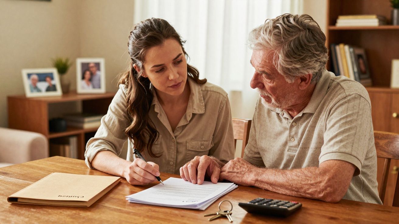 Mulher ajuda homem idoso a preencher documentos numa mesa com calculadora e chaves.