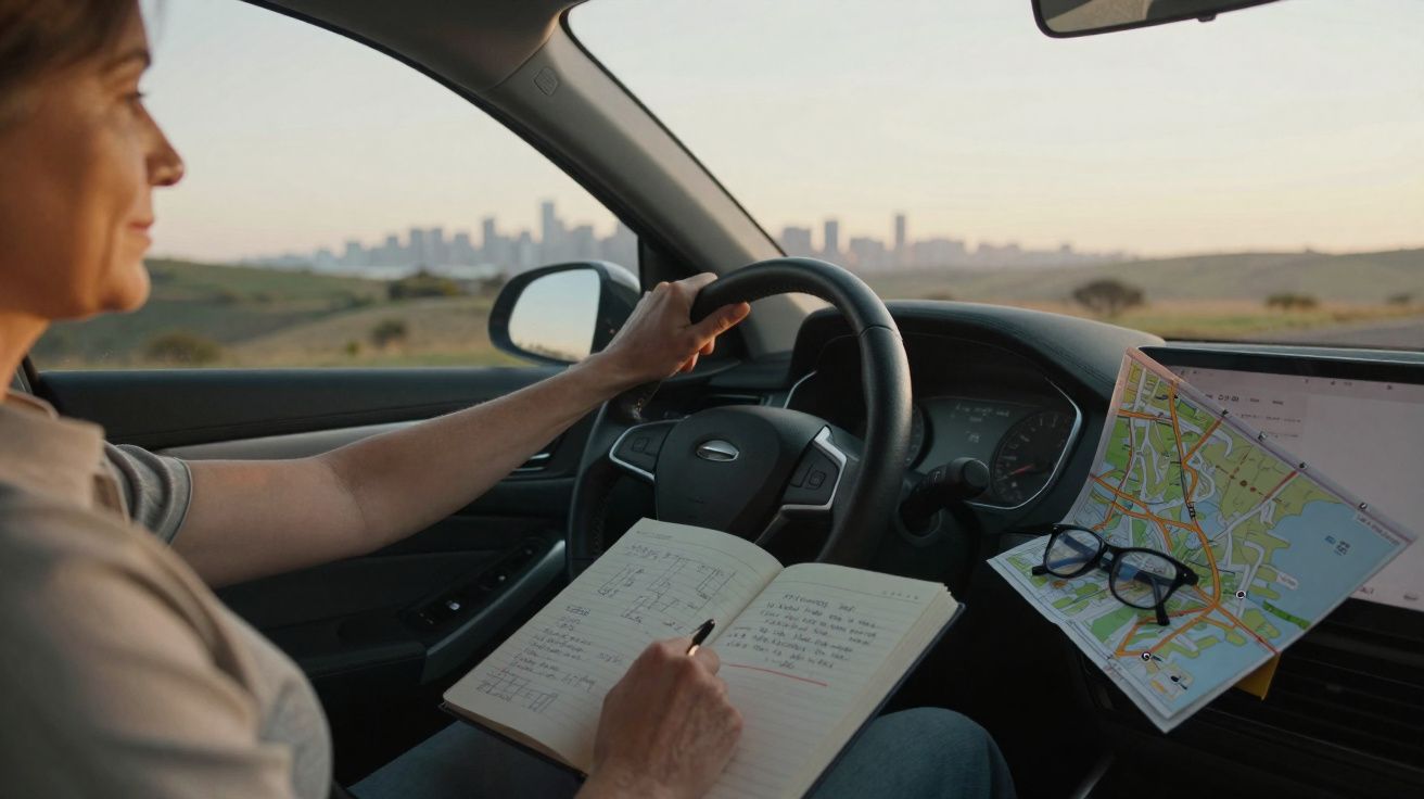 Mulher a conduzir um carro, a fazer anotações num caderno, com mapa e óculos no painel do carro.
