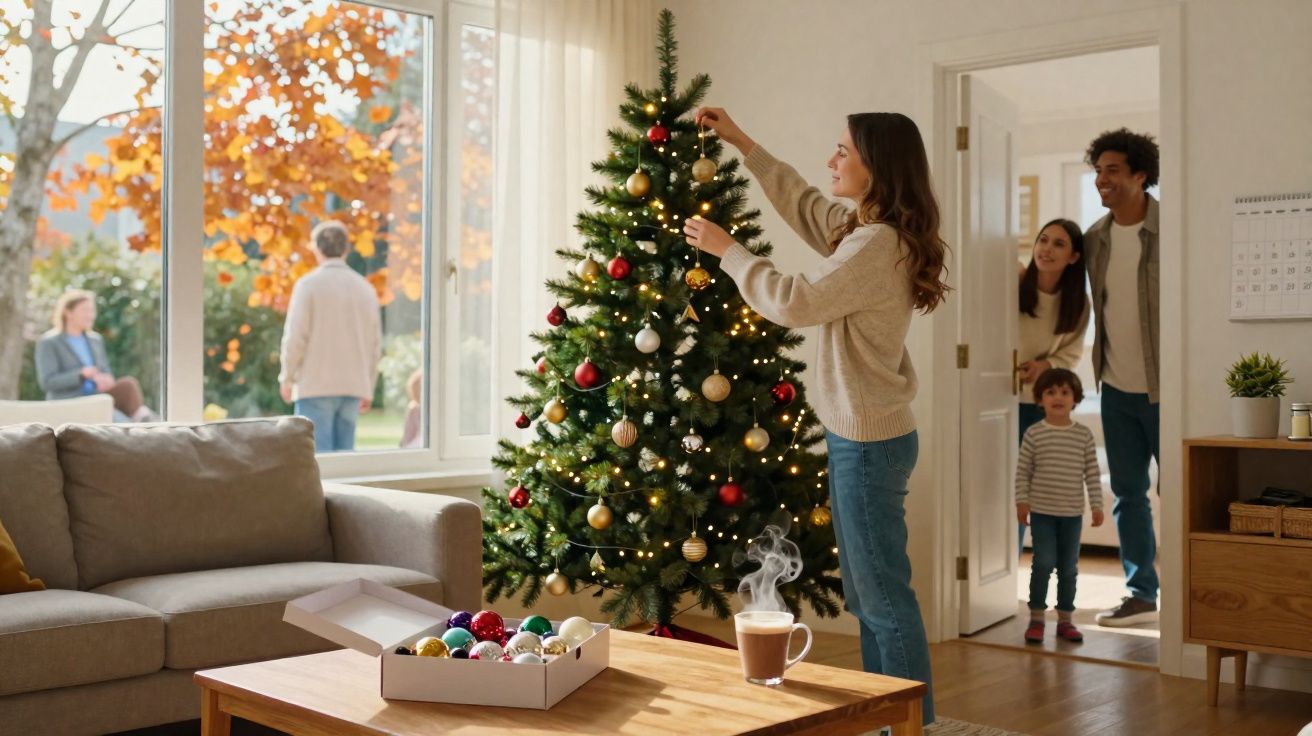 Mulher a decorar árvore de Natal enquanto família observa, numa sala com sofá e mesa de madeira.