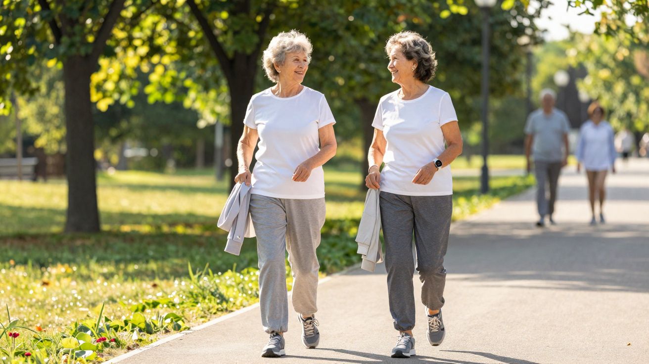 Duas mulheres idosas a caminhar e conversar num parque ensolarado com árvores e relvado verde.