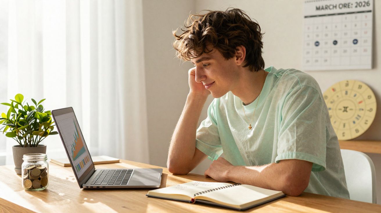 Jovem a estudar em casa, sentado numa mesa com portátil, livro aberto e planta, numa sala luminosa.