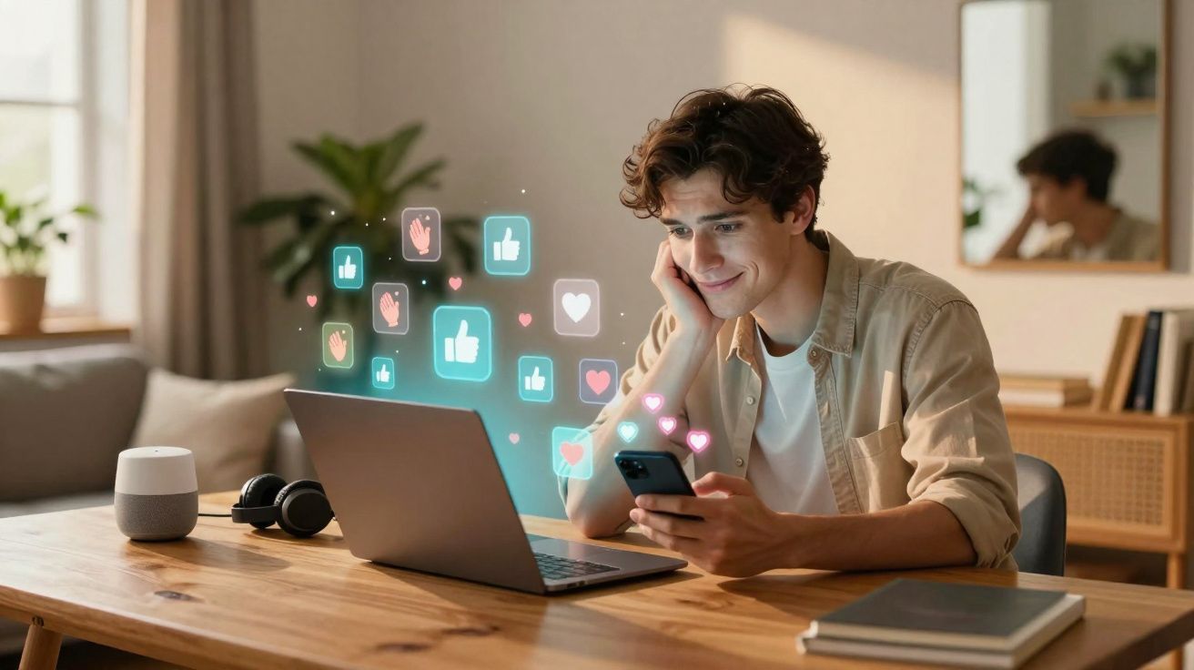 Jovem sentado à mesa com computador e smartphone, rodeado por ícones de redes sociais em ambiente acolhedor.