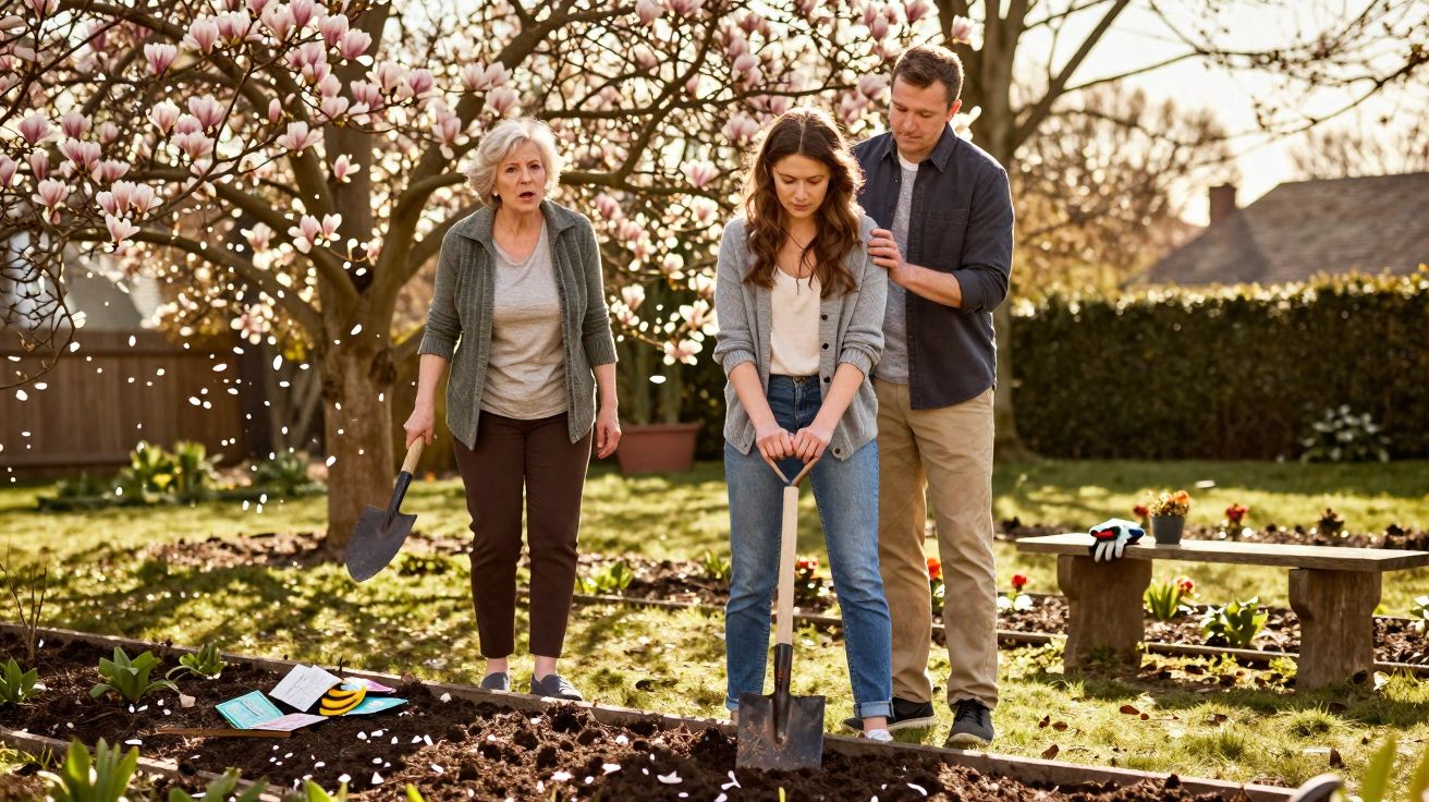 Três pessoas no jardim, uma jovem a cavar com pá e um homem a confortá-la, enquanto uma mulher mais velha observa.