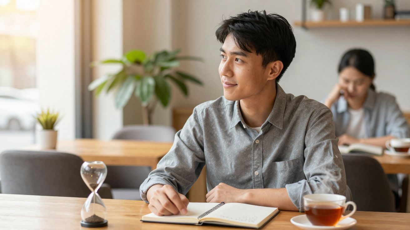 Jovem sentado à mesa a escrever num caderno, com chá e ampulheta, num ambiente tranquilo e luminoso.