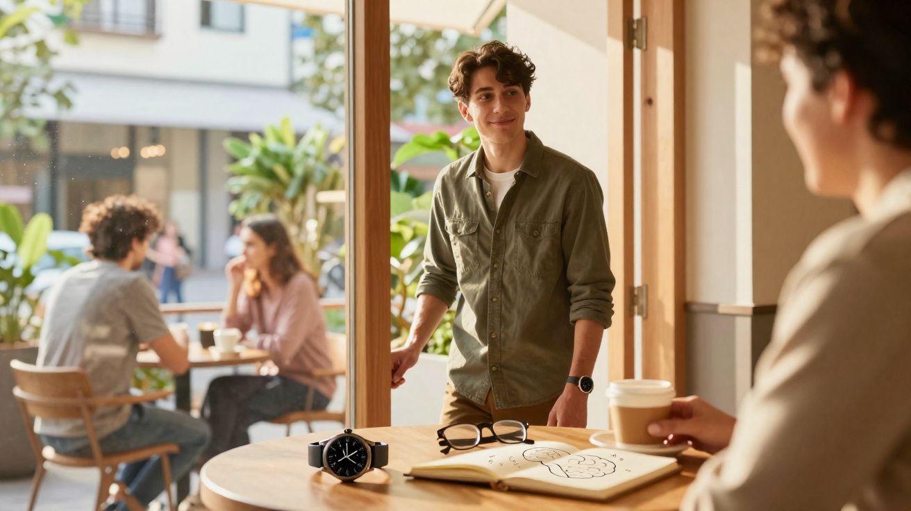 Jovem entrando em café, sorrindo, com mesa à frente com relógio, óculos e livro aberto, com outras pessoas ao fundo.