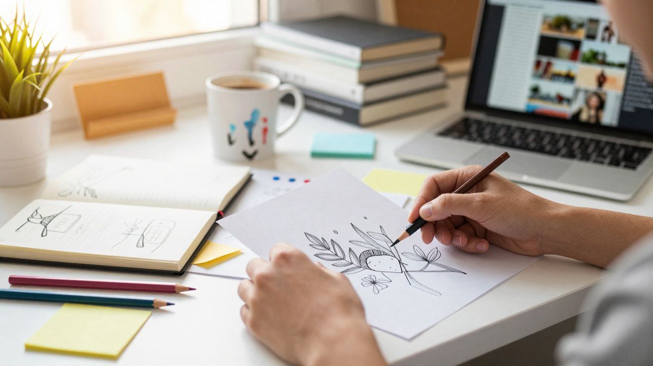 Pessoa a desenhar flores a preto e branco numa mesa com lápis de cor, cadernos e portátil.