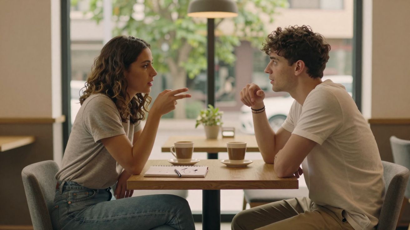 Duas pessoas sentadas à mesa de um café, a conversa séria com xícaras de café à frente.