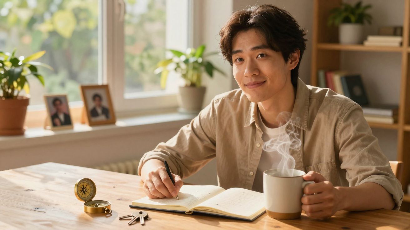 Homem sentado a escrever num caderno, segurando uma chávena quente, com uma bússola e chaves na mesa.