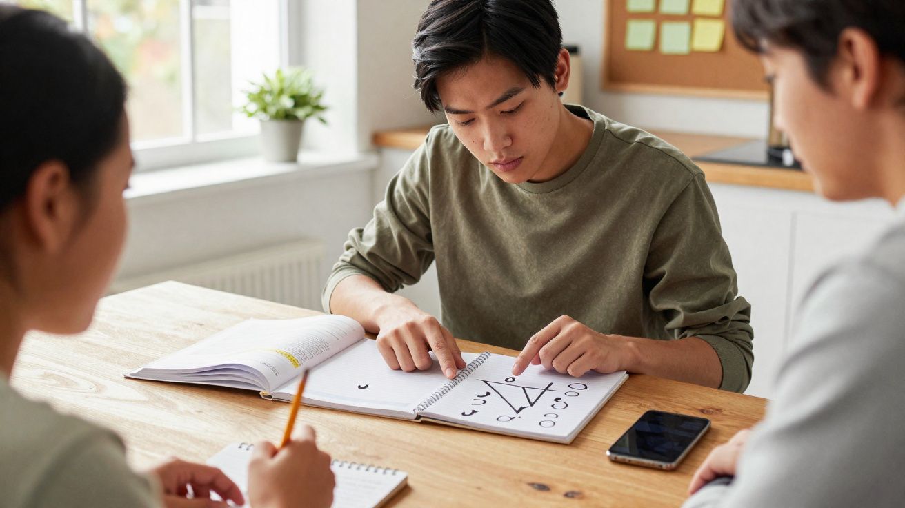 Jovem a explicar um problema matemático a colegas numa mesa, com caderno, livros e telemóvel à frente.