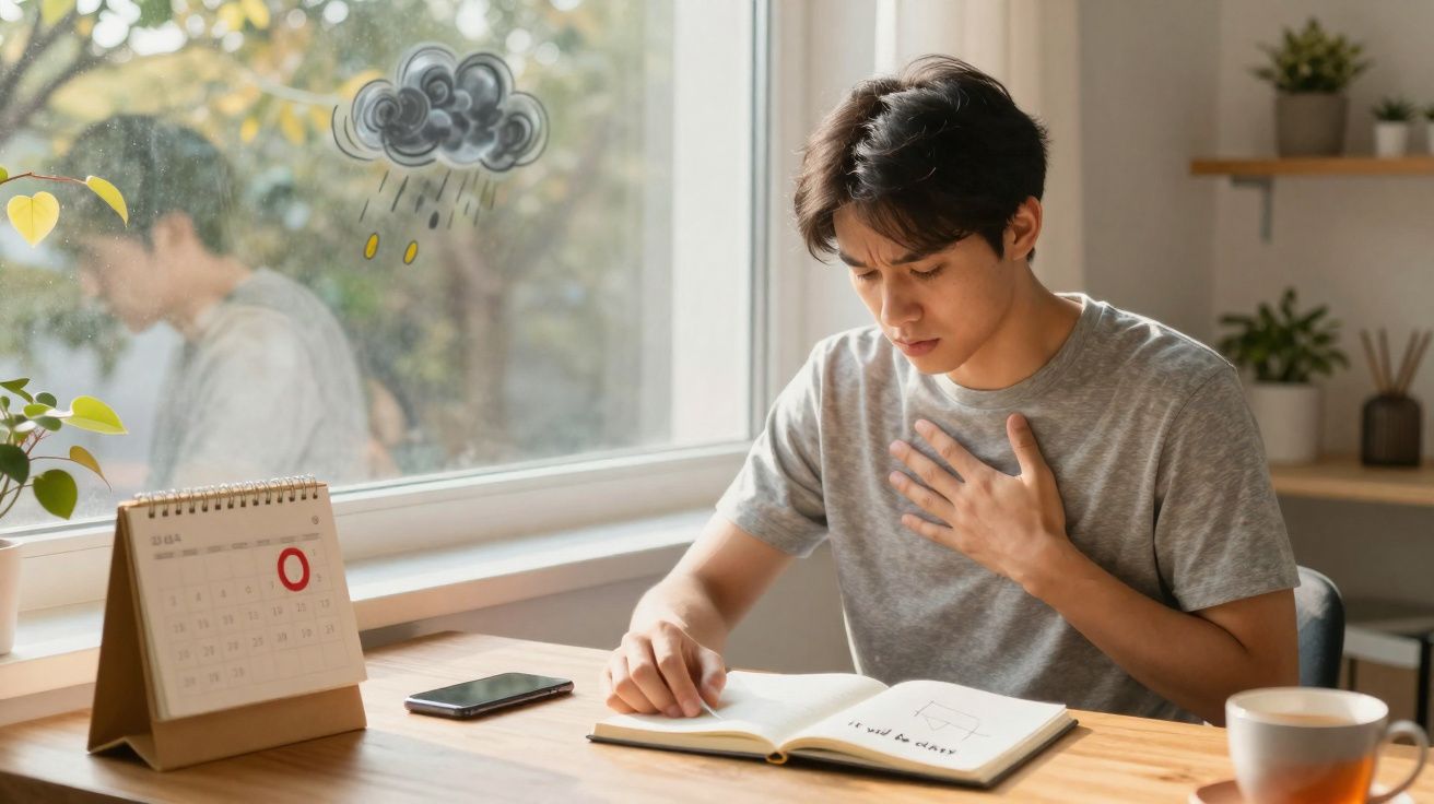 Jovem a ler livro em mesa junto a janela com desenho de nuvem de chuva e moeda, expressão desconfortável.
