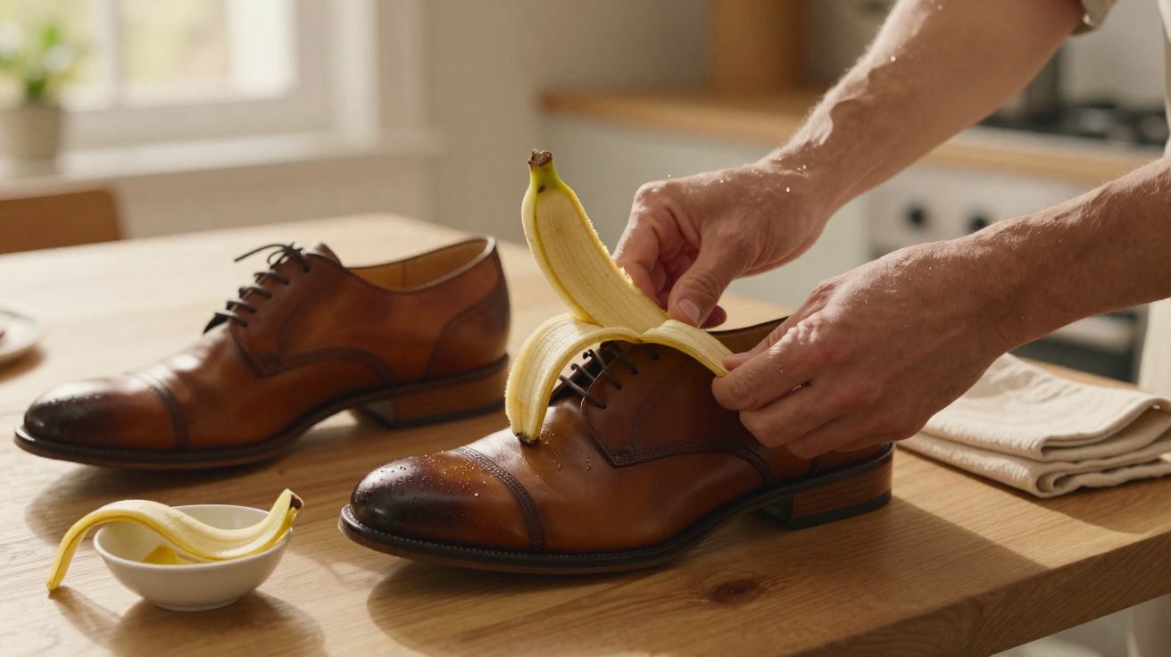Pessoa a colocar uma banana descascada dentro de um sapato castanho sobre uma mesa de madeira.