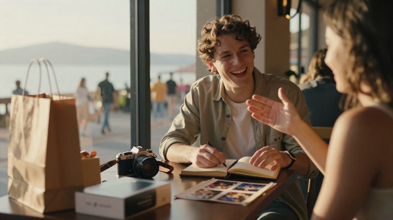 Dois jovens a conversar e sorrir sentados numa mesa com caderno, fotos e uma câmara fotográfica numa esplanada.