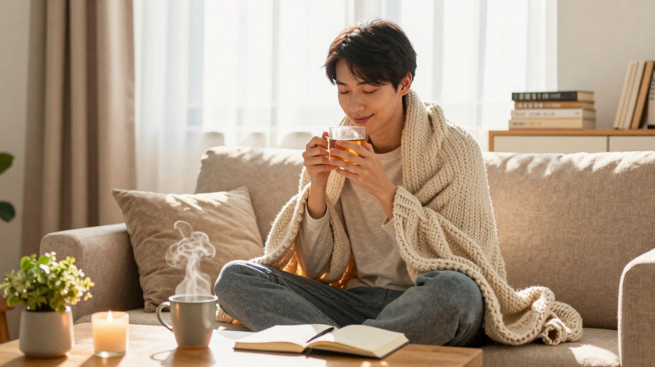 Jovem sentado no sofá envolto em manta, apreciando chá quente ao lado de velas e livro aberto numa mesa.
