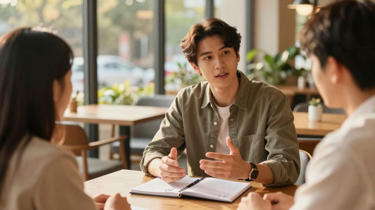 Jovem a explicar ideias numa reunião com duas pessoas, numa mesa de café com caderno aberto.