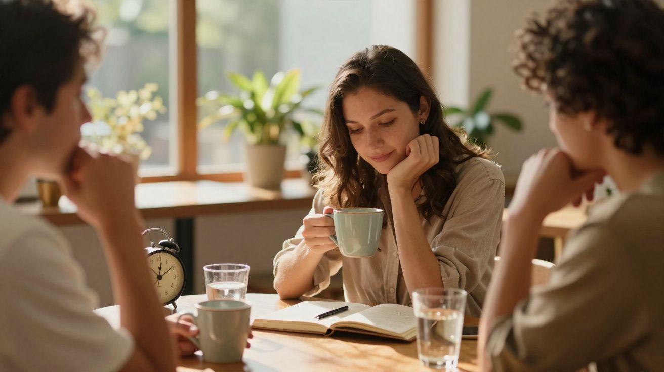 Grupo de três jovens reunidos à mesa, uma deles segura chá e lê um livro num ambiente iluminado e acolhedor.